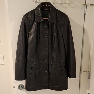 Danier Women's Hip-length Black Leather 90's Style Coat (Size M; US 10-12)